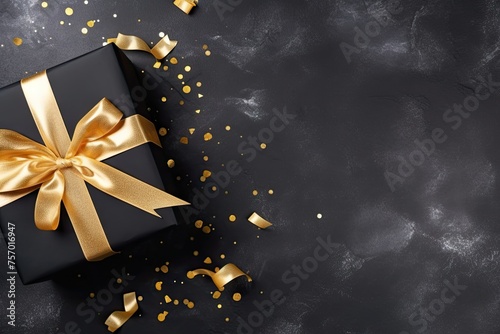 Black gift box with a golden ribbon and bow on a dark background ready for inscription © LimeSky