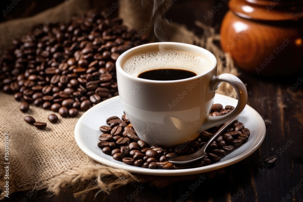 Coffee shops and eateries A cup of black coffee topped with froth and coffee grounds