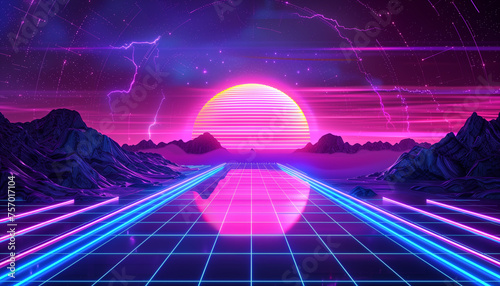 Retro style 80s synthwave futuristic Sci-fi street shape with neon lines background. Generated AI