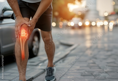 Jogger Läufer mit Knieproblemen, sichtbare Knohen und Schmerzen, KI gneeriert photo