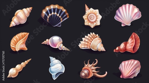 Set of seashells isolated on a black background, representing a composition of seabed design elements, such as oyster shells with pearls, mollusks, snails, jewelry souvenirs, etc.