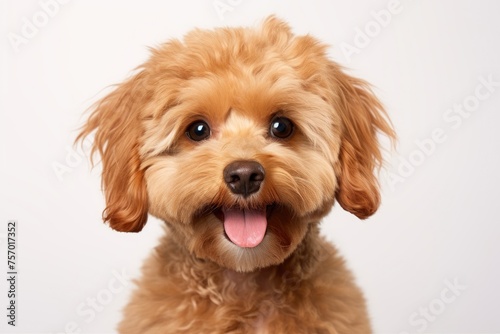 Maltipoo dog with kind eyes and brown fur posing over white background looking healthy and happy