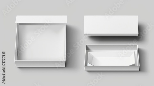 This is a top angle view of a white closed and open cardboard box. The plots are realistic modern illustrations of an empty carton package for delivery or gift purpose. The mockup is a rectangular photo