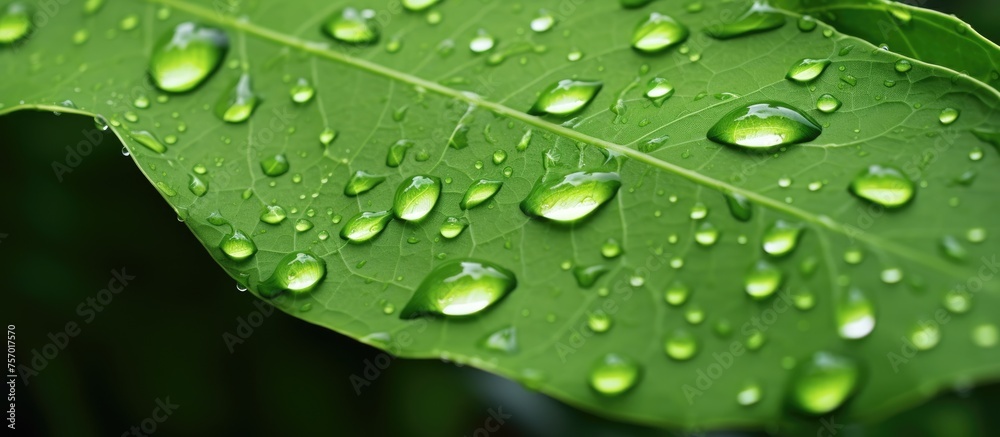 A macro shot of a moist green leaf with water droplets on it, showcasing the beauty of plant botany and the importance of water in sustaining terrestrial plants A macro shot of a moist green leaf with water droplets on it, showcasing the beauty of plant botany and the importance of water in sustaining terrestrial plants