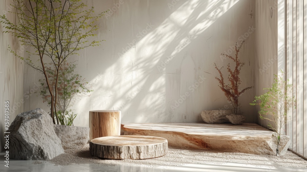 A minimalist podium with a nature-inspired aesthetic