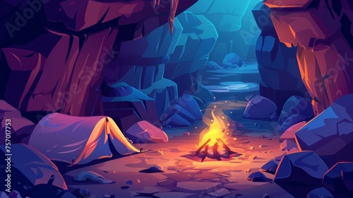 A dark cave with a sleeping bag near a bonfire. Modern cartoon illustration of smoke filling a narrow mountain tunnel, tourist equipment on the ground, adventure game.
