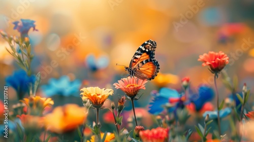 A beautiful butterfly vibrant field of colorful flowers © Media Srock