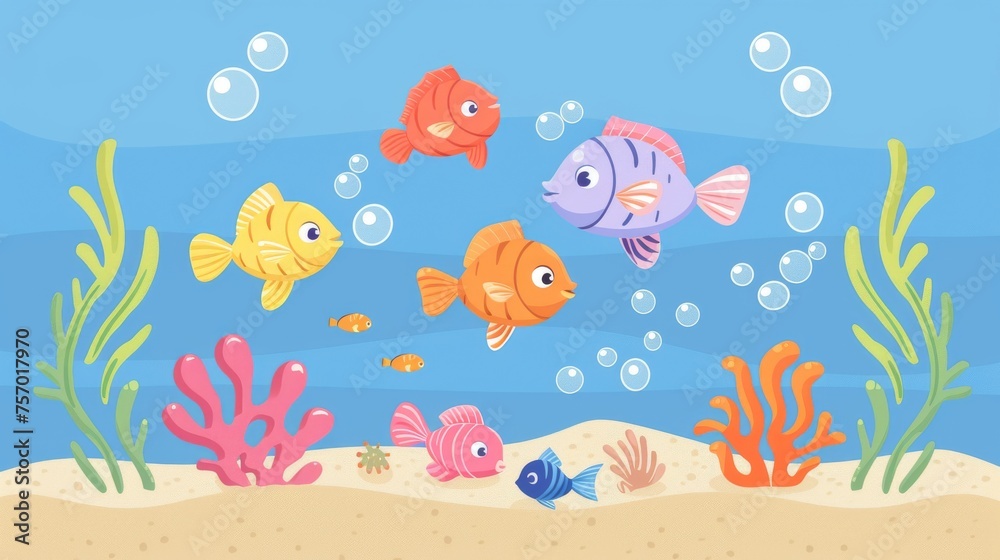 An illustration set of cartoon sea creatures with bubbles on a blue background. Cartoon fish and seaweed in the sand. A set of animal and plant illustrations of the ocean or aquarium.