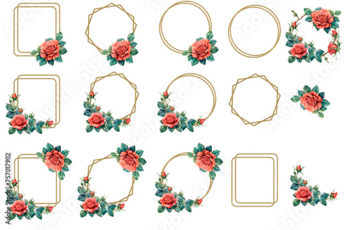 Floral Rose Frames Double Watercolor Gold Round Flower Frame Corner Border Pastel Colors Clipart PNG