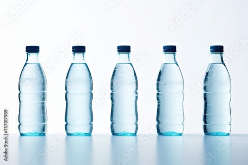 Blue water bottles are positioned separately on a white background.