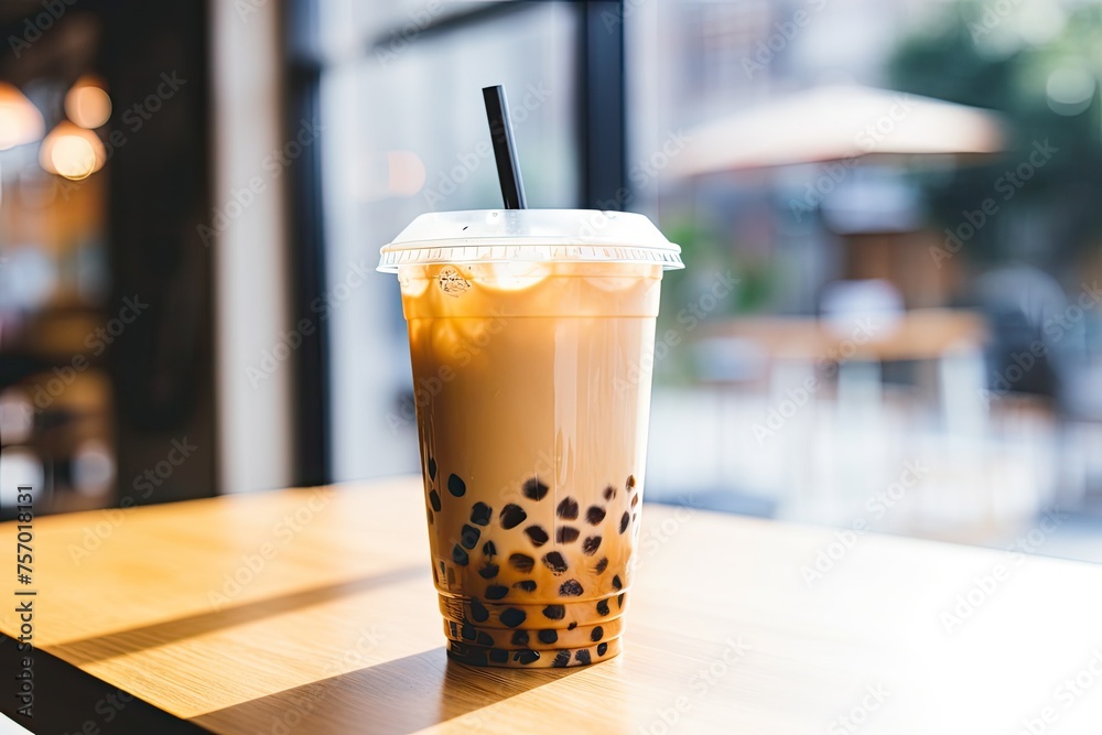 Bubble milk tea from Taiwan placed on a wooden table. Bubble milk tea from Taiwan placed on a wooden table.