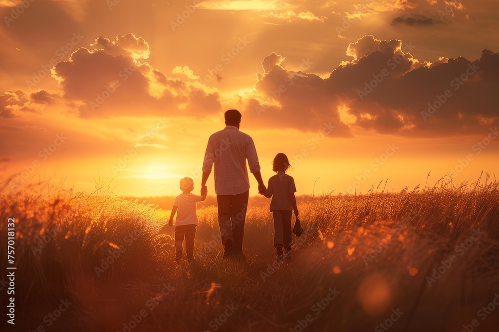 Fototapeta premium Family walking in a golden field at sunset