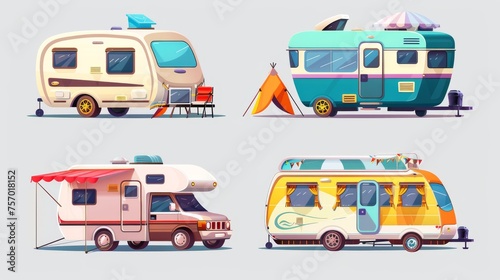 RV camp trailer for summertime vacation with family and friends. Cartoon modern illustration set of cute caravan car with tent.