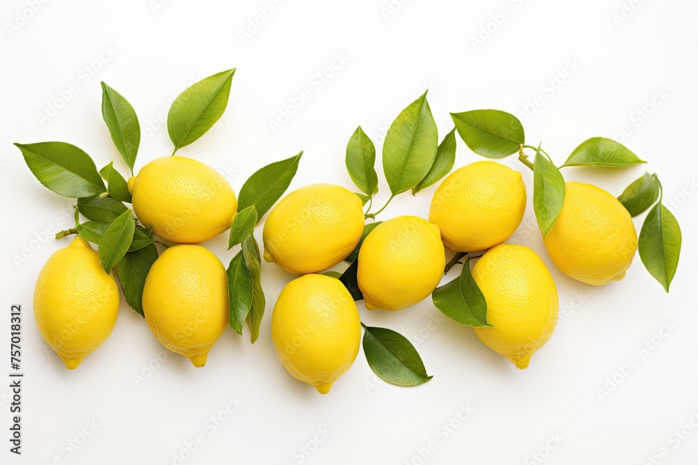 Composition of fresh lemons that are ready to be picked, laid out on a pristine white background.