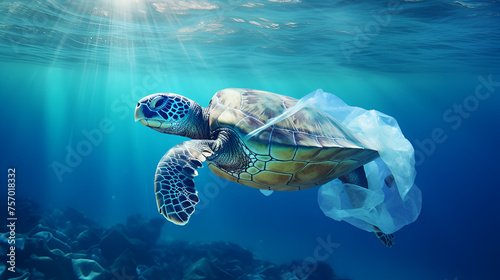 a turtle tangled with a plastic bag on its back is swiming in the ocean oceanic background © Hassan