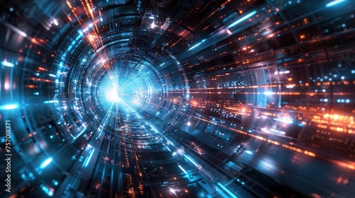 Abstract futuristic background cyber tunnel with orange blue glowing neon lines and flare lights, limitless possibilities and horizons of IT technology in the future