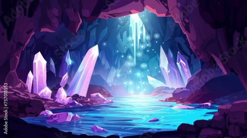 Waterfall with gemstone crystals in rocky walls in a cave with a river or lake. Deep landscape with rays of moonlight shining through an opening in the stone cavern.