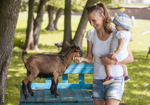 mother and little daughter feed a goat in a petting zoo