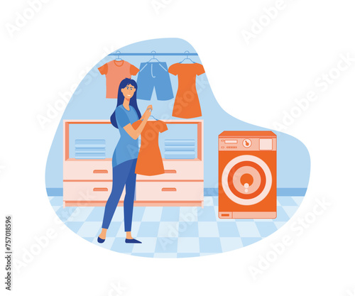 Hotel business concept. Laundry service, maid ironing guests shirt. flat vector modern illustration