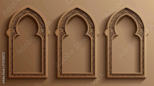 Arabic frame for Muslim holiday design. Realistic modern illustration of brown arch windows or borders with empty space for text. Classic Muslim shape decor for greetings.