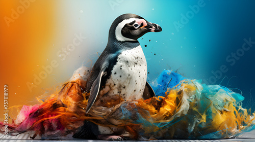 A penguin standing on a colourful floor  in front of a colorful background