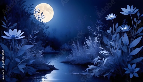 Abstract flora and fauna bathed in the soft glow of indigo moonlight.