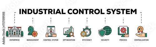 Industrial control system infographic icon flow process which consists of enterprise, management, control system, optimization, efficiency icon live stroke and easy to edit 