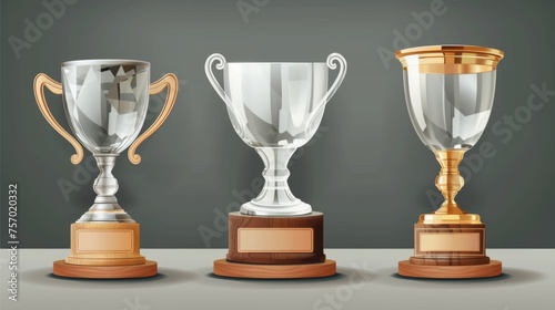 This realistic modern set includes a blank transparent prize plate on a brown base, an acrylic cup for excellence, and a plexiglass award for achievement in sport or business.