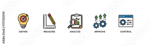 Dmaic banner web icon vector illustration concept of define measure analyze improve control with icon of management, performance, development, target	