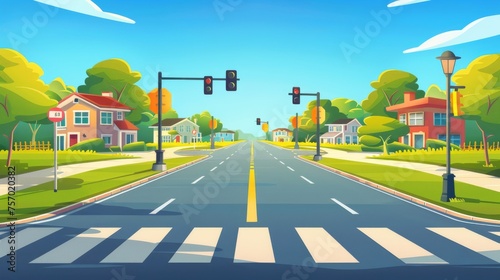 Modern cartoon illustration of suburban town street with pedestrian crossing. There are houses  traffic lights  a bus stop sign on an empty road  green lawn and trees  blue skies  and a traffic