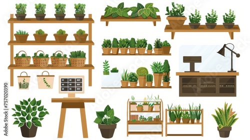 Furniture, equipment and plants for a florist and gardening store. Plants in pots, empty baskets, wooden displaying stands, a cashier with a monitor, and a display cabinet for flowers and plants. © Mark