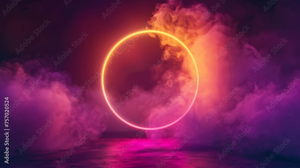 An illustration of a neon ring in pink and yellow smoke. Modern realistic illustration depicting a light circle portal glowing in shimmering mist with sparkles, a nightclub avatar, and a nightclub An illustration of a neon ring in pink and yellow smoke. Modern realistic illustration depicting a light circle portal glowing in shimmering mist with sparkles, a nightclub avatar, and a nightclub