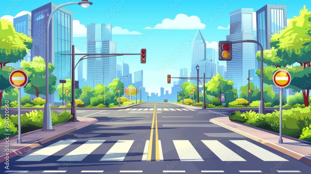 City street with pedestrian crossing. Cartoon illustration of a modern urban neighborhood with skyscrapers, green bushes, trees, and blue sky in the summertime.