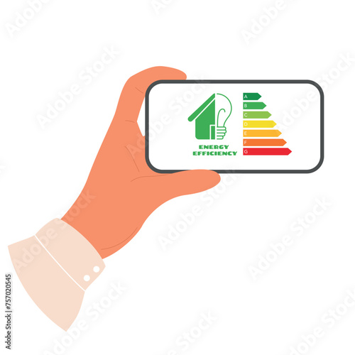 Hands hold phone with energy efficiency icon on screen. Energy consumption rating. Half house and Lightbulb label