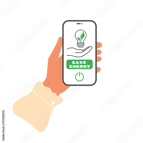 Hands hold phone with save energy icon on screen. Lightbulb with green leaves inside and power mode button