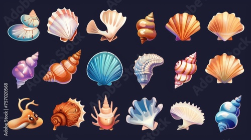 This seashell UI icon set consists of colorful cartoons of marine underwater creatures with conch. The set also includes aquarium snail horned clam, closed scallop, and shellfish.