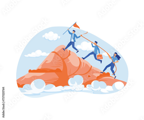 Leadership Concept. Business people climb to the top of the mountain, leader helps the team to climb the cliff and reach the goal. flat vector modern illustration