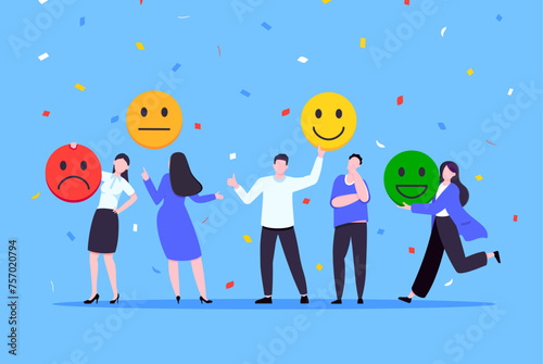 Employee happiness and work attitude feedback business concept flat style vector illustration. Business people with various feedback emoticons. Working wellbeing and satisfaction feedback