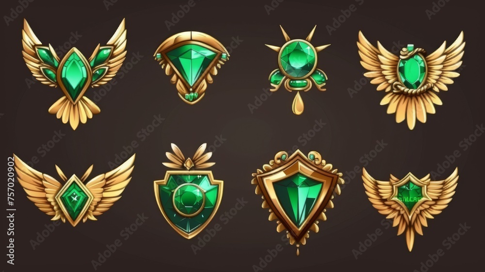 For game level rank design, a golden badge with green jewelry diamond and wings, as well as a cartoon modern image set of evolution details for award and ranking trophies. For game level rank design, a golden badge with green jewelry diamond and wings, as well as a cartoon modern image set of evolution details for award and ranking trophies.