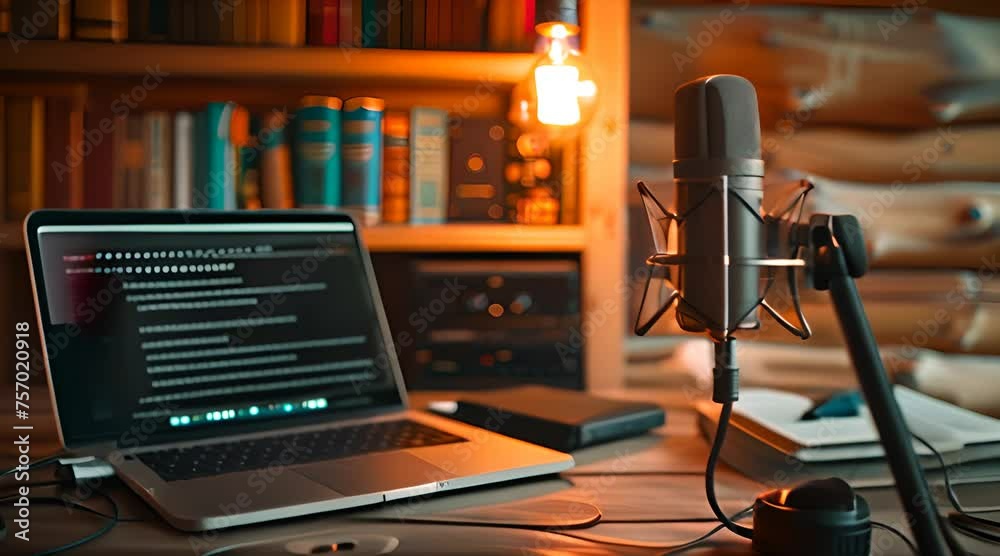 Professional Podcasting Microphone Setup with Laptop with AI generated.
