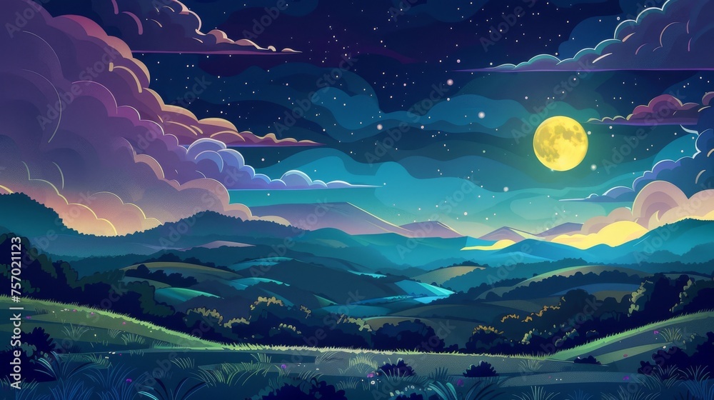 Grass, bushes and trees on hills, stars shimmering in dark sky, natural background with night mountain valley with moon shining in clouds. Modern cartoon illustration of beautiful Midnight Summer - obrazy, fototapety, plakaty 