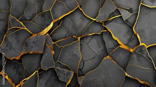 This modern illustration shows an abstract yellow breakage line that shows a golden kintsugi crack pattern on a gray background. Japanese style illustration with yellow breakage lines and mosaic photo