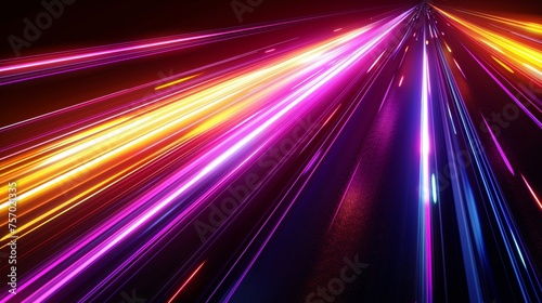 Abstract light speed effect on black background. Modern illustration of neon yellow, red, purple color gradient lines moving up. Modern technology and speedy data transfer.