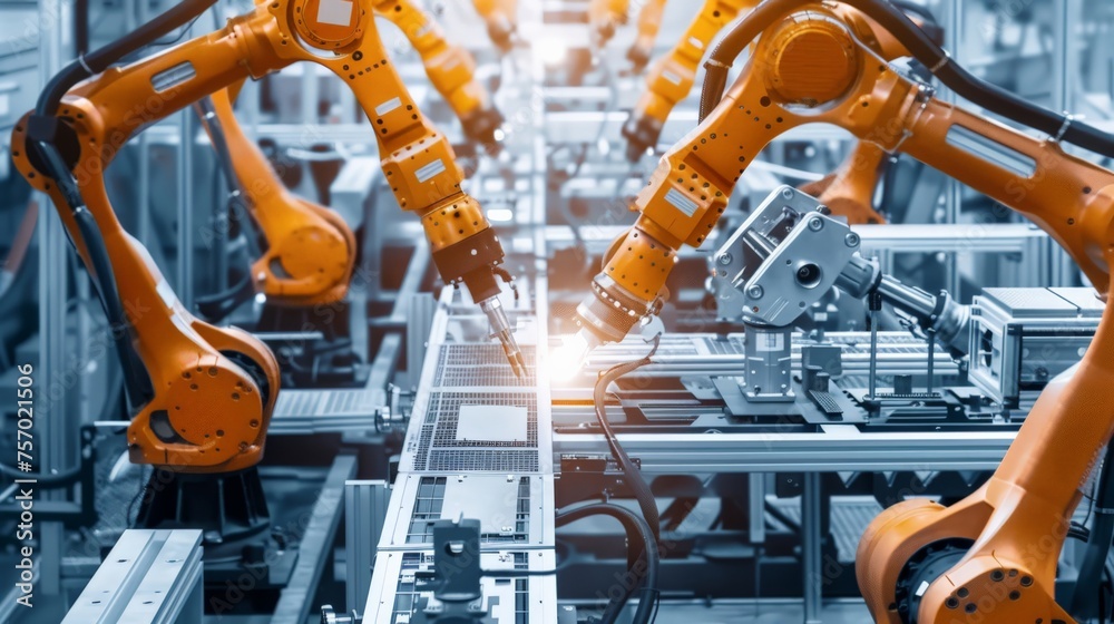 Automated robotic arms on an assembly line efficiently assembling automotive parts