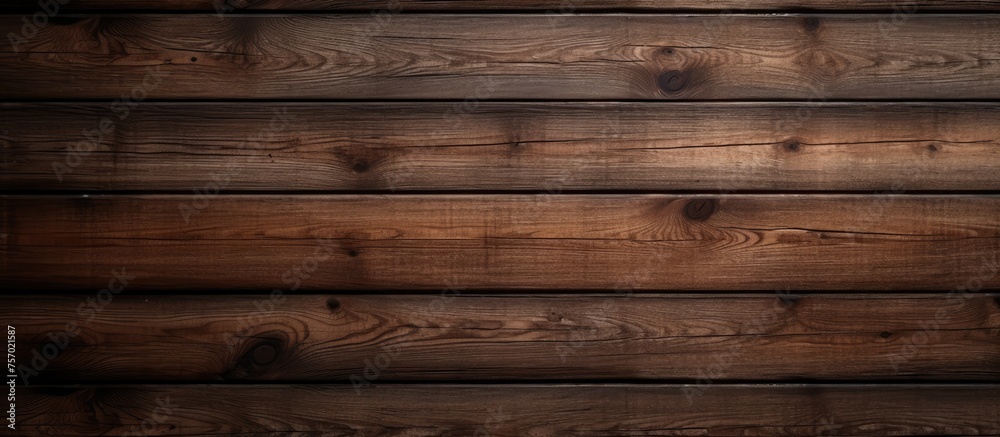 Naklejka premium A close up of a brown hardwood plank wall with a blurred background, showcasing the beautiful wood grain pattern and tints and shades of the wood stain