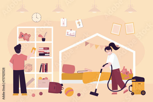 Children put away toys and vacuum in nursery or bedroom. Kids cleaning team doing household chores. Family teamwork, cleaning. Children help parents with housework