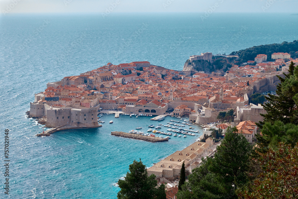 View to Dubrovnik with Porporela, Porat, old port, fortress Sv. Ivana, Cathedral of the Assumption of the Virgin Mary, Stara Luca and Fort Lovrijenac (Dalmatia, Croatia)