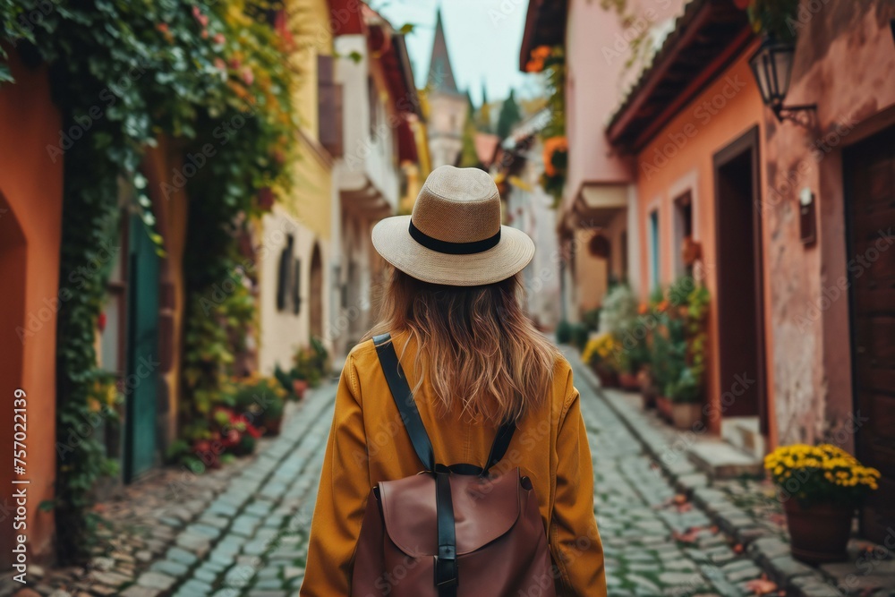 Fototapeta premium Traveler Exploring Colorful Old Town Alley