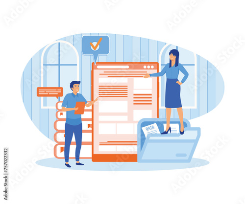 Online assistant 1 Concept. Businessman personal assistant online service or platform. Worker answering calls and assisting with document. flat vector modern illustration
