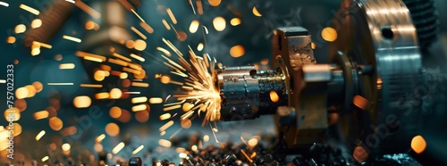 Close-up of finishing metal work on a lathe grinder machine photo